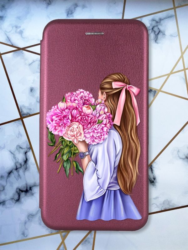 Чохол-книжка з малюнком для Samsung Galaxy A02s Бордовий :: Дівчина з півоніями (принт 11)