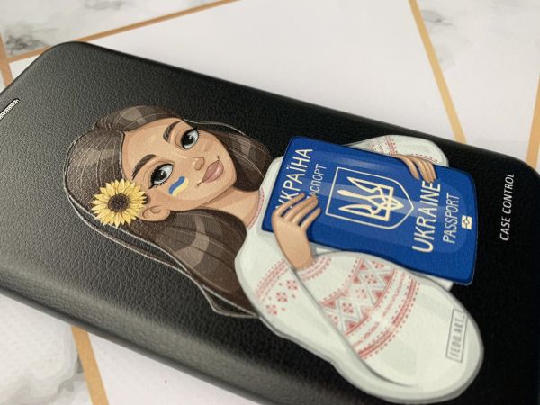 Чохол-книжка з малюнком для Samsung Galaxy A04s/ A13 5G Чорний :: Дівчина з паспортом (принт 12)