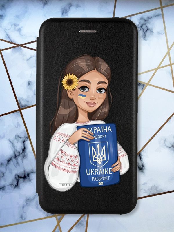Чохол-книжка з малюнком для Samsung Galaxy А10ѕ/ A107 Чорний :: Дівчина з паспортом (принт 12)
