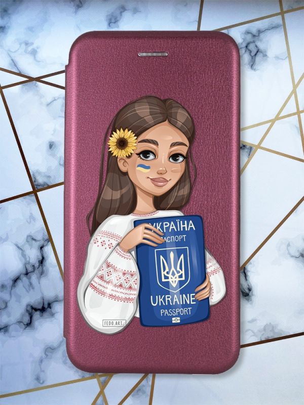 Чохол-книжка з малюнком для Xiaomi Poco C40 Бордовий :: Дівчина з паспортом (принт 12)