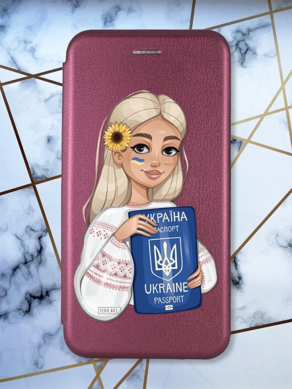 Чохол-книжка з малюнком для Samsung Galaxy A04 Бордовий :: Дівчина з паспортом (принт 13)