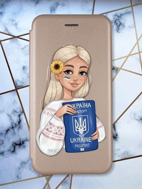 Чохол-книжка з малюнком для Samsung Galaxy А10ѕ/ A107 Золотий :: Дівчина з паспортом (принт 13)