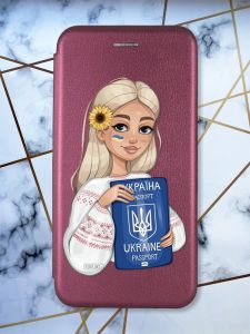 Чохол-книжка з малюнком для Samsung Galaxy А10ѕ/ A107 Бордовий :: Дівчина з паспортом (принт 13)