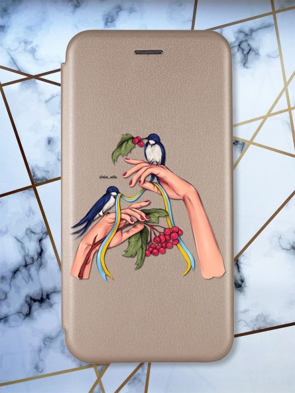 Чохол-книжка з малюнком для Samsung Galaxy A02/ A022 (2021) Золотий :: Ластівки (принт 15)