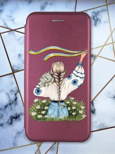Чохол-книжка з малюнком для Xiaomi Redmi Note 10/ Note 10s Бордовий :: Дівчина зі стрічкою (принт 17)