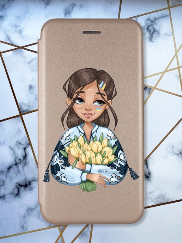 Чохол-книжка з малюнком для Samsung Galaxy A04 Золотий :: Дівчина з тюльпанами (принт 22)