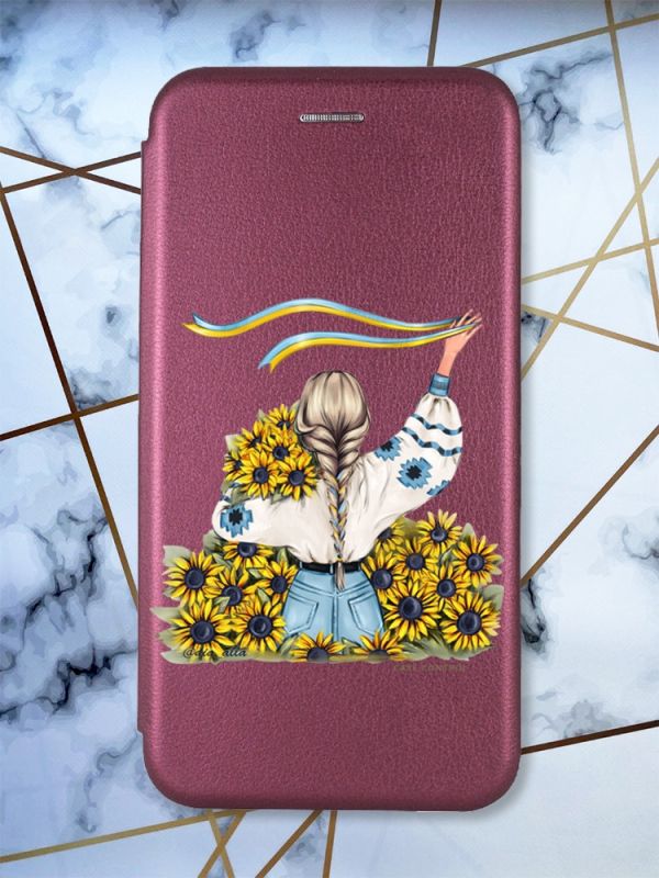 Чохол-книжка з малюнком для Xiaomi Redmi 9А Бордовий :: Дівчина зі стрічкою (принт 25)