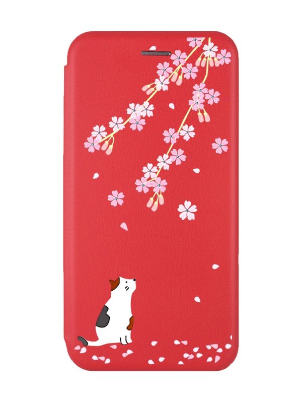 Чохол-книжка з малюнком для Xiaomi Redmi 9C/10A Червоний :: Котик і сакура (принт 283)