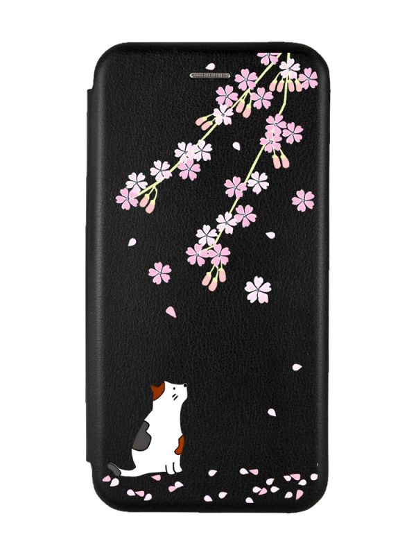 Чохол-книжка з малюнком для Xiaomi Redmi Note 8 Pro Чорний :: Котик і сакура (принт 283)