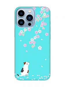 Матовий бірюзовий чохол на Apple iPhone 13 Pro Max :: Котик і сакура (принт 283)