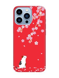 Матовий червоний чохол на Apple iPhone 13 Pro Max :: Котик і сакура (принт 283)