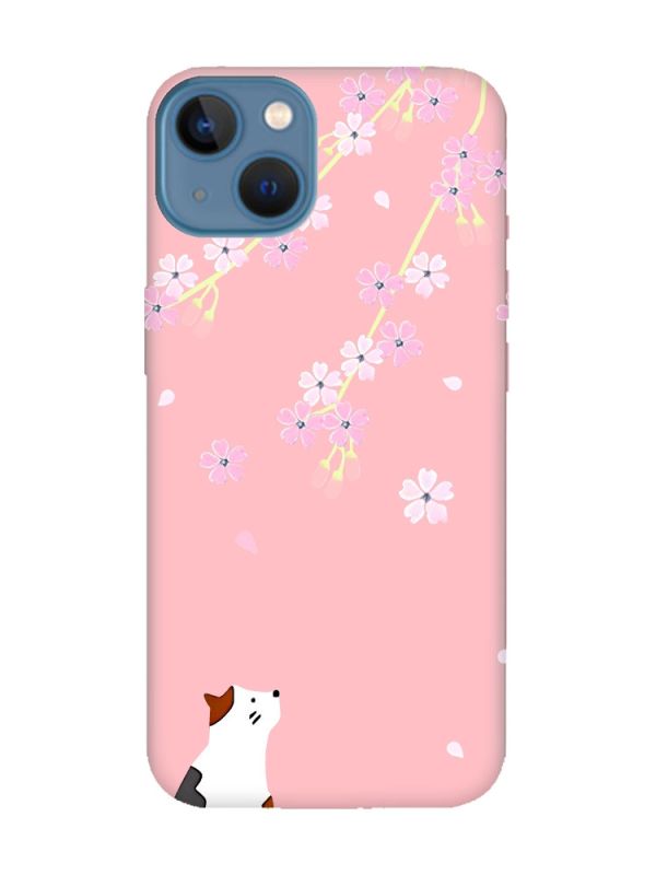 Матовий рожевий чохол на Apple iPhone 13 :: Котик і сакура (принт 283)