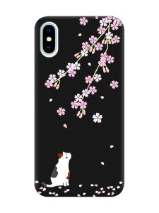 Матовий чорний чохол на iPhone X / Xs :: Котик і сакура (принт 283)