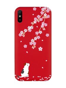 Матовий червоний чохол на Xiaomi Redmi 9A :: Котик і сакура (принт 283)