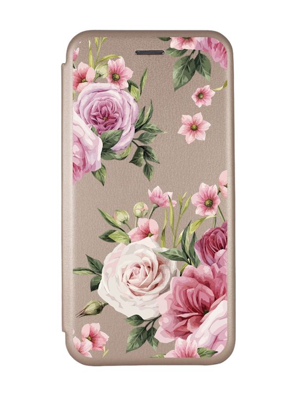 Чохол-книжка з малюнком для Xiaomi Redmi 9 Золотистий :: Рожеві квіти (принт 287)