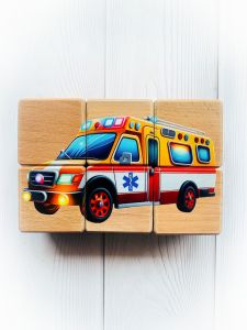 Дитячі розвиваючі дерев'яні кубики Швидка допомога. Транспорт (комплект 14)