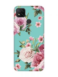 Матовий бірюзовий чохол на Xiaomi Redmi 9C/10A :: Рожеві квіти (принт 287)