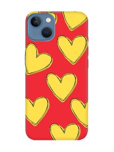 Матовий червоний чохол на Apple iPhone 13 :: Сердечка жовті (принт 259)