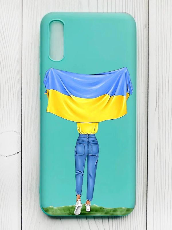 Матовий бірюзовий чохол на Xiaomi Redmi 9А :: Дівчина з прапором (принт 263)