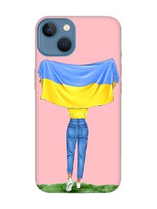Матовий рожевий чохол на Apple iPhone 13 :: Дівчина з прапором (принт 263)
