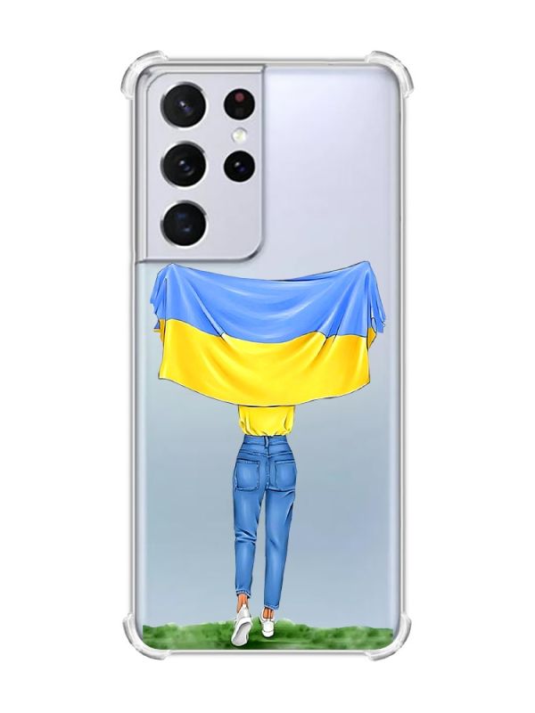 Чохол з потовщеними кутами на Samsung Galaxy S21 Ultra :: Дівчина з прапором (принт 263)