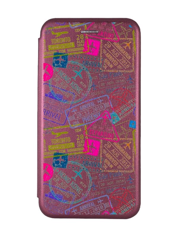 Чохол-книжка з малюнком для Samsung Galaxy A04 Бордовий :: Подорожі. Штампи (принт 316)