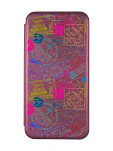 Чохол-книжка з малюнком для Samsung Galaxy J7(2016) J710 Бордовий :: Подорожі. Штампи (принт 316)