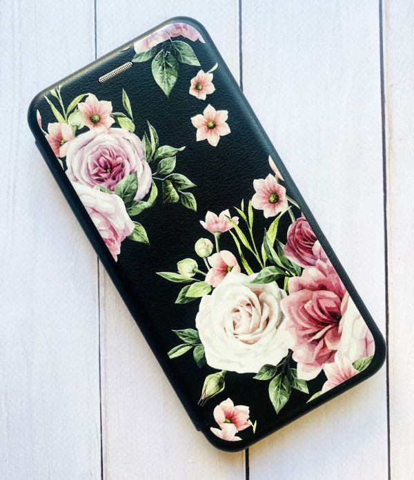 Чохол-книжка з малюнком для Xiaomi Redmi Note 8 Pro Чорний :: Рожеві квіти (принт 287)