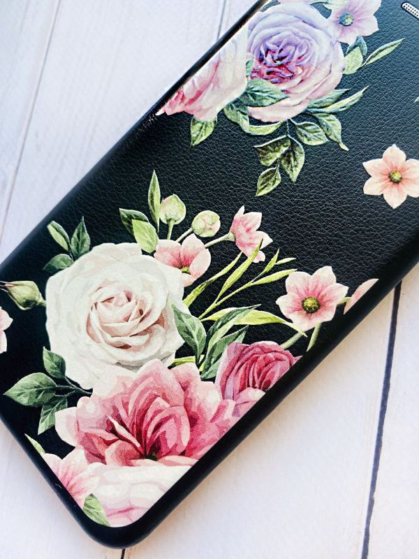 Чохол-книжка з малюнком для Xiaomi Redmi 8A Чорний :: Рожеві квіти (принт 287)