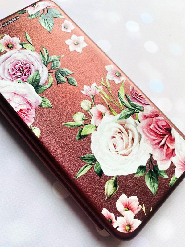 Чохол-книжка з малюнком для Xiaomi Redmi 9A Бордовий :: Рожеві квіти (принт 287)