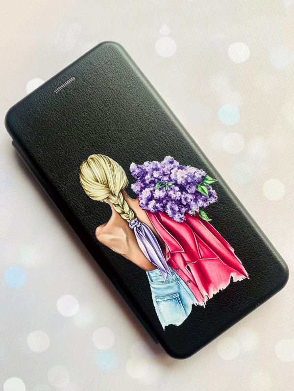 Чохол-книжка з малюнком для Xiaomi Redmi 9 Чорний:: Дівчина з бузком (принт 7)