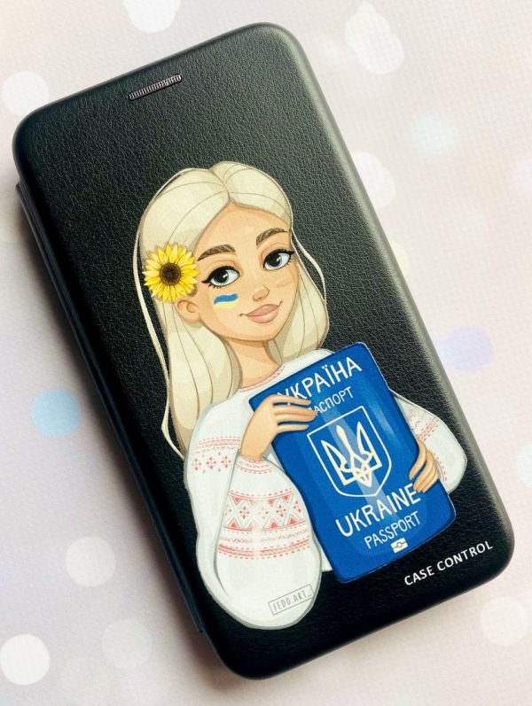 Чохол-книжка з малюнком для Samsung Galaxy A52 (A525) Чорний; Дівчина з паспортом (патріотичний принт 13)