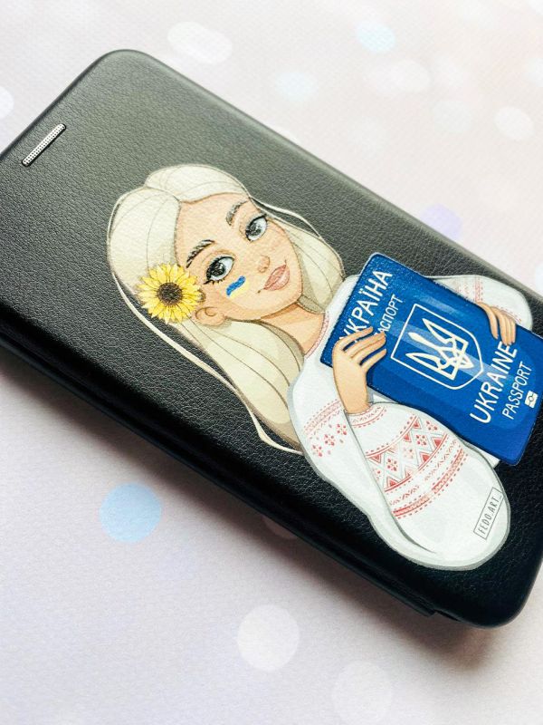 Чохол-книжка з малюнком для Samsung Galaxy А30 (2019) А305/A20 Чорний; Дівчина з паспортом (патріотичний принт 13)