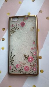 Силіконовий прозорий чохол із золотим обідком для Huawei P8 Lite Рожеві квіти