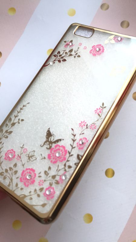 Силіконовий прозорий чохол із золотим обідком для Huawei P8 Lite Рожеві квіти