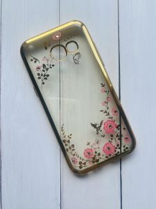Силіконовий чохол із золотим обідком для Samsung Galaxy А3(2017) А320 Квіти рожеві