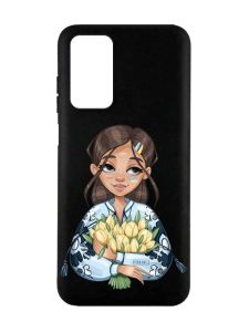Матовий чорний чохол на Xiaomi Redmi Note 11 4G :: Дівчина з тюльпанами (патріотичний принт 22)