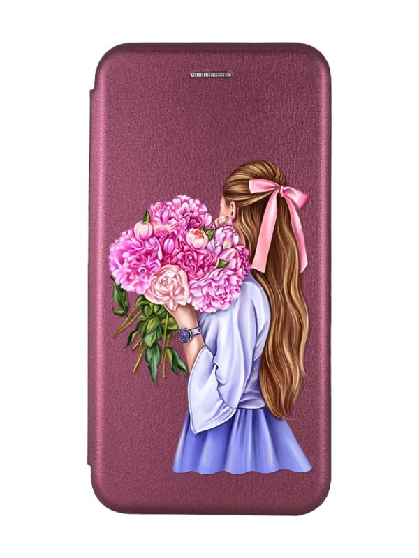 Чохол-книжка з малюнком для Xiaomi Redmi 12C Бордовий :: Дівчина з півоніями (принт 11)