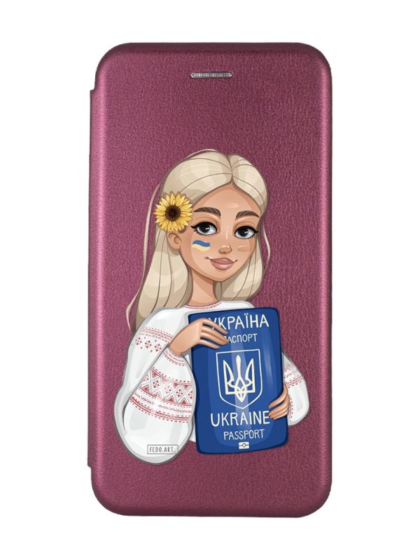 Чохол-книжка з малюнком для Xiaomi Redmi 12C Бордовий :: Дівчина з паспортом (принт 13)