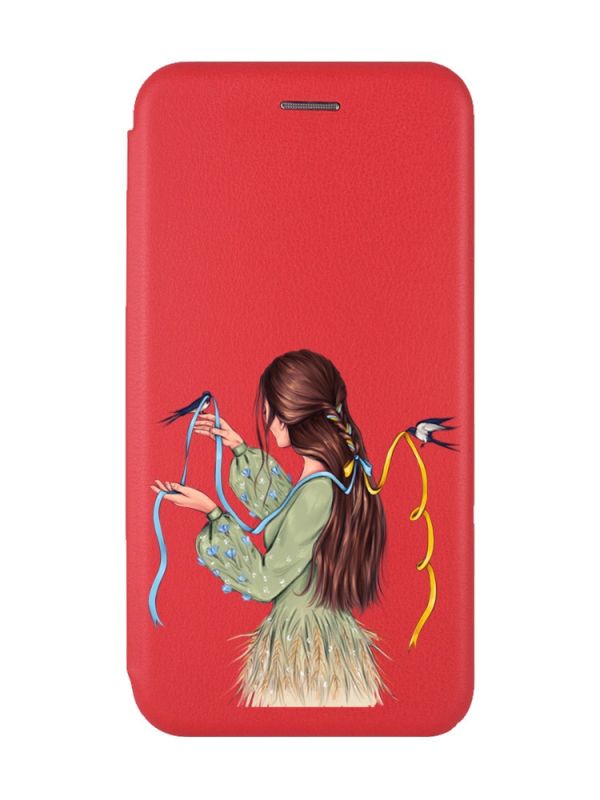 Чохол-книжка з малюнком для Samsung Galaxy M32/ M22/ A22 4G Червоний :: Дівчина з ластівками (принт 16)