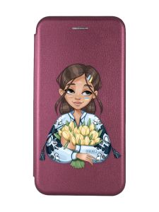 Чохол-книжка з малюнком для Xiaomi Redmi 12C Бордовий :: Дівчина з тюльпанами (принт 22)