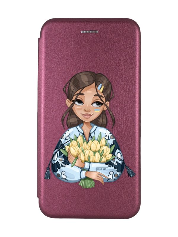 Чохол-книжка з малюнком для Samsung Galaxy A24 Бордовий :: Дівчина з тюльпанами (принт 22)