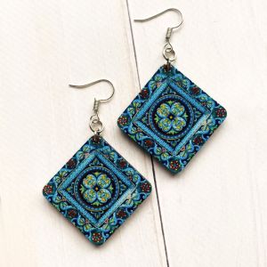 Сережки з дерева. Синій орнамент (принт 3.1)