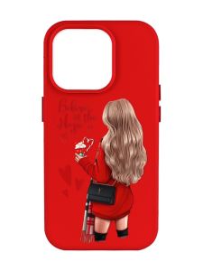 Матовий червоний чохол на Apple iPhone 14 Pro Max :: Дівчина з кавою (принт 137)
