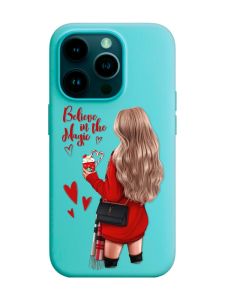 Матовий бірюзовий чохол на Apple iPhone 14 Pro :: Дівчина з кавою (принт 137)