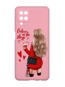 Матовий рожевий чохол на Samsung Galaxy A12 :: Дівчина з кавою (принт 137)