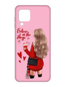 Матовий рожевий чохол на Samsung Galaxy M32/A22/M22 4G :: Дівчина з кавою (принт 137)