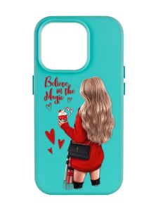 Матовий бірюзовий чохол на Apple iPhone 14 Pro Max :: Дівчина з кавою (принт 137)