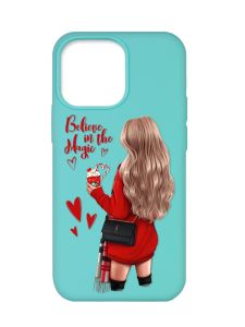 Матовий бірюзовий чохол на Apple iPhone 13 Pro :: Дівчина з кавою (принт 137)