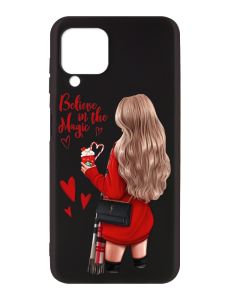 Матовий чорний чохол на Samsung Galaxy A12 :: Дівчина з кавою (принт 137)